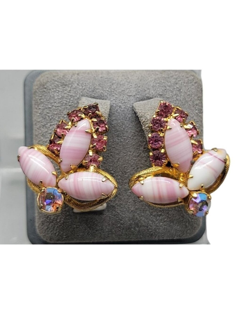 LA Rel Clip On Earrings Pinks Striped Glass Stones Aurora Borealis Stunning Vtg